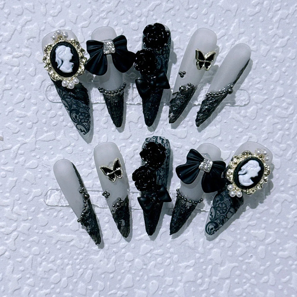 10Pcs Gothic Long Pointed Shape Pure Handmade Press On Nails Y2K Metal Chain Butterfly Knot Full Cover Fake Nails Gift Sticker