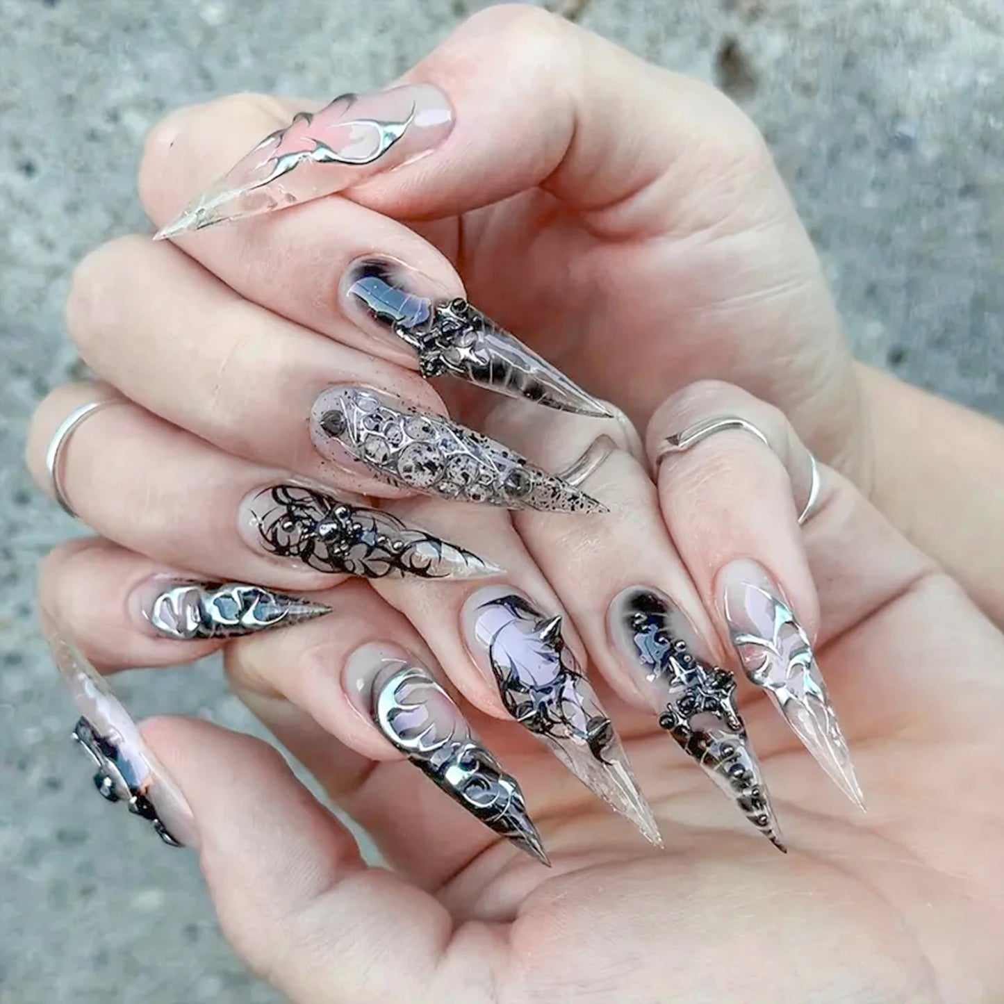 24pcs Long Almond Fake Nails Gothic Dark Black Style Press on Nails Full Cover Wearable European Heavy Metal False Nail Tips