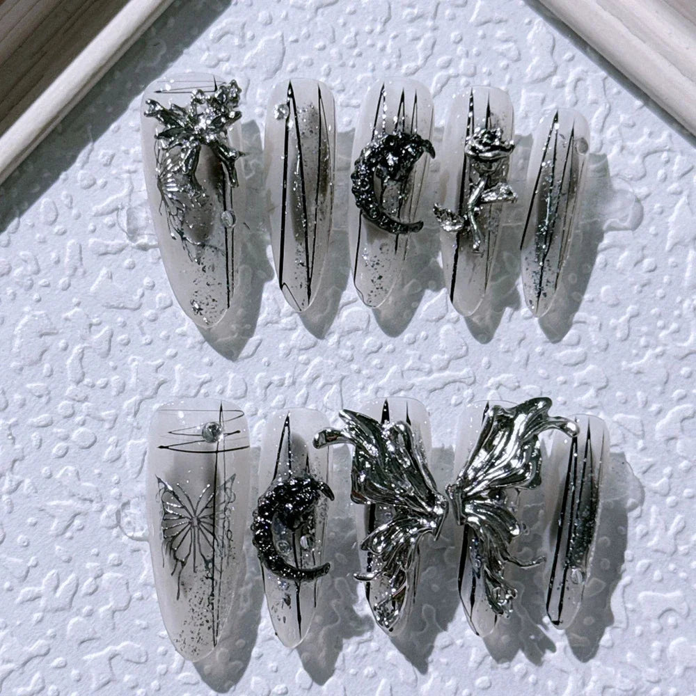 10Pcs Gothic Long Pointed Shape Pure Handmade Press On Nails Y2K Metal Chain Butterfly Knot Full Cover Fake Nails Gift Sticker