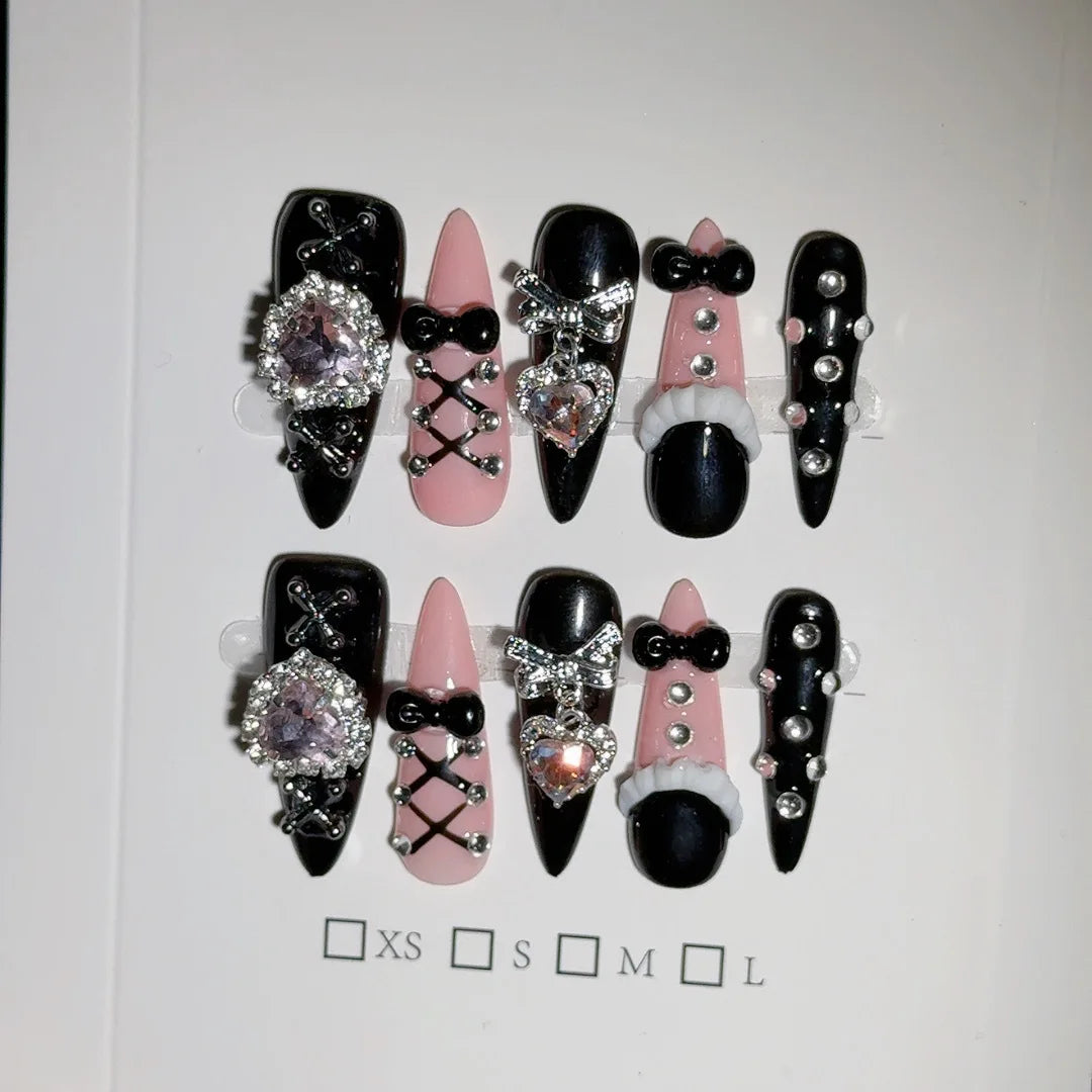 Long Stiletto Press on Fake Nails Blue Heart Diamond Bow Decoration False Nail Y2K Fashion Artificial Nail Handmade Acrylic Nail