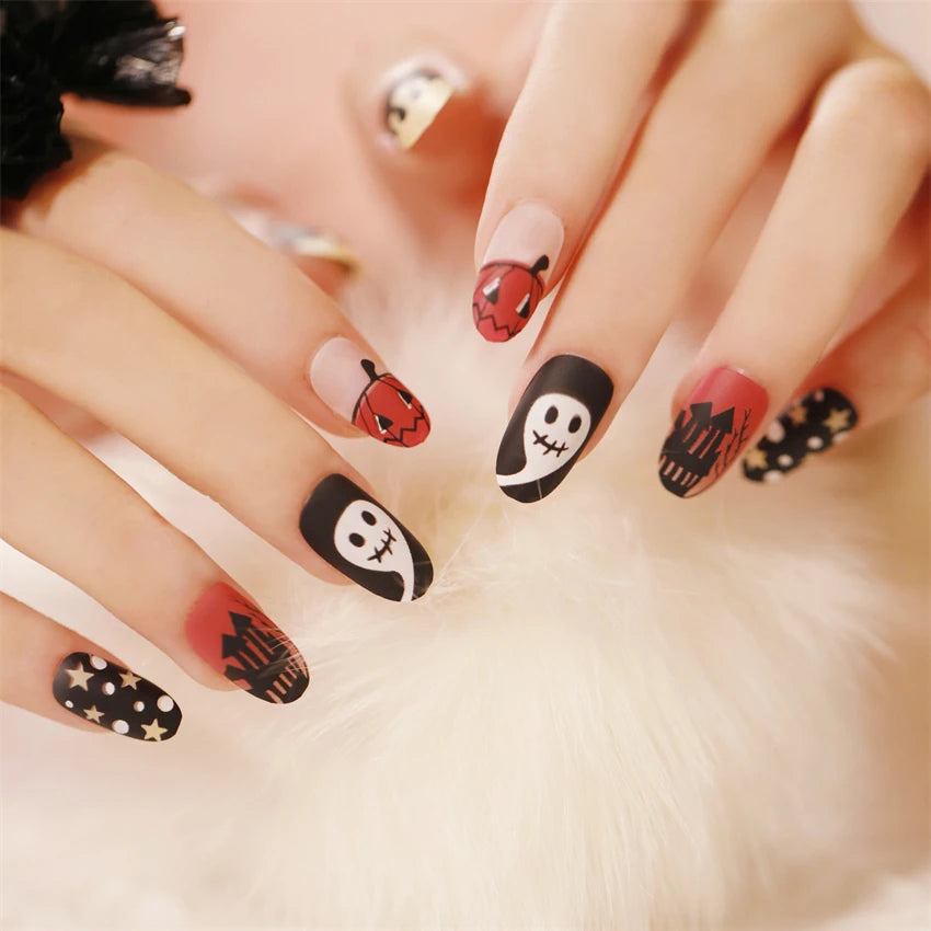 24Pcs/Set Dark Punk Skeleton Long Ballet Fake Nails Art Coffin Wearing Press on Nails False Artifical Acrylic Fake Nail Kits