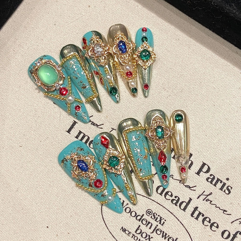 10Pcs High Quality Handmade Press on Nails Suppressing Demons Color Collision Heavy Industry Golden 3D Cross Luxurious Dark Real