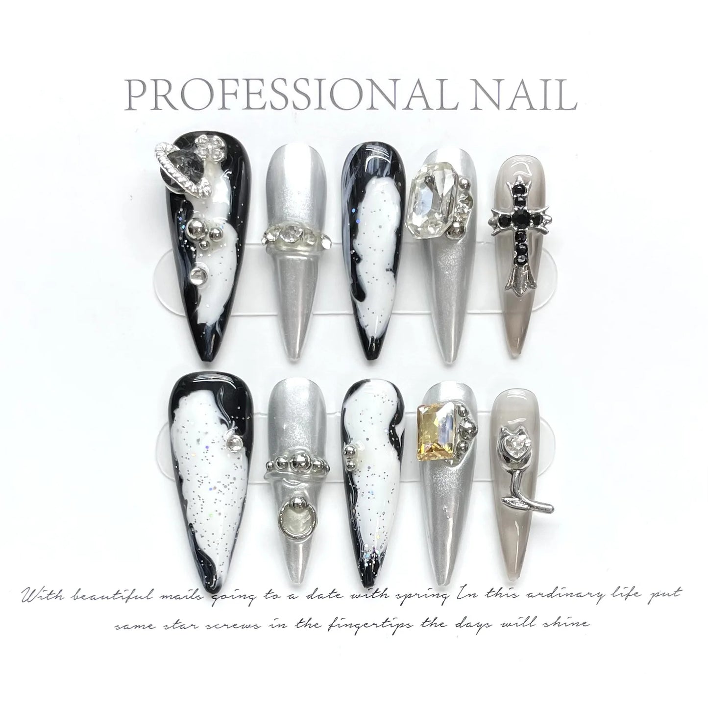 10pcs Y2k Long Stiletto False Nail Tips Gradient Black Metal Heart Cross Decor Handmade Press On Nails Sweet Cool DIY Manicure