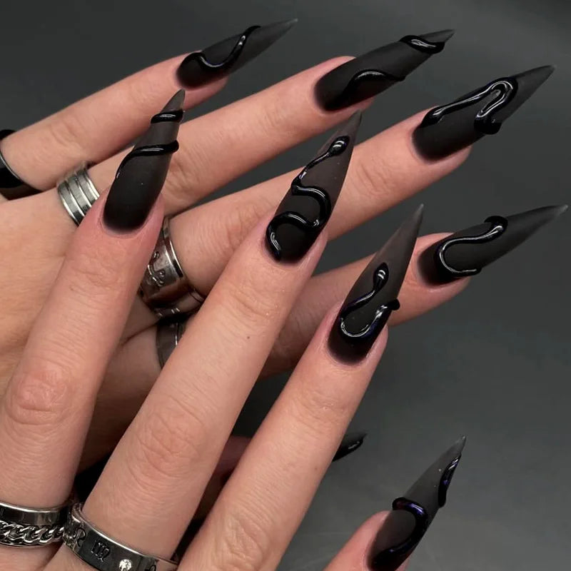 24pcs Halloween Dark Scrub Fake Nails Press on Nails Wearable y2k Nails Super Long Pointy Nails 3D Black Snake False Nails Tip