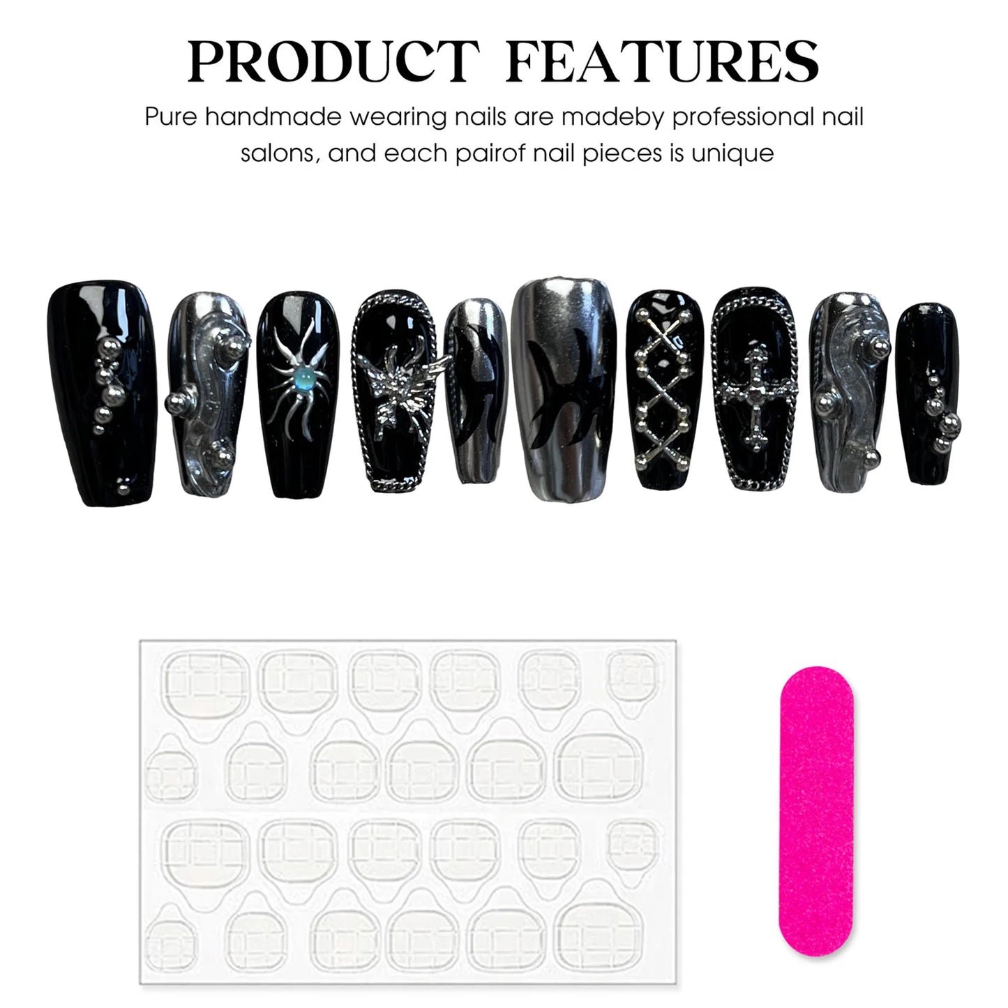 10pcs Punk Style Handmade Fake Nails Y2k Black Sliver Metal Chain Decors Press On Nails Medium Coffin Detachable Manicure Art