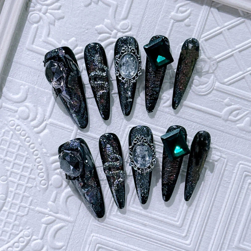 10Pcs Gothic Long Pointed Shape Pure Handmade Press On Nails Y2K Metal Chain Butterfly Knot Full Cover Fake Nails Gift Sticker