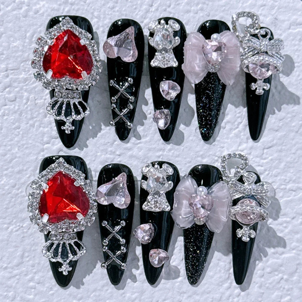 10Pcs Gothic Long Pointed Shape Pure Handmade Press On Nails Y2K Metal Chain Butterfly Knot Full Cover Fake Nails Gift Sticker