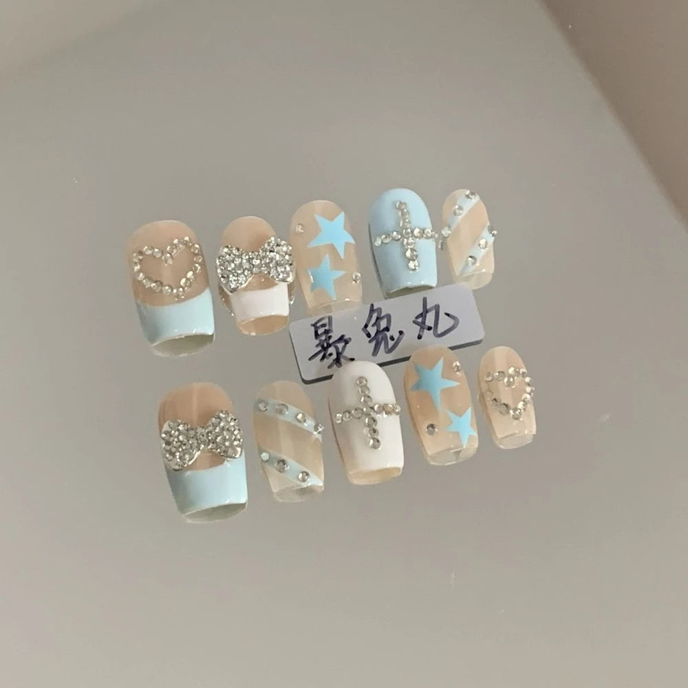 Y2K Punk Style Long Coffin Stiletto Handmade Fake Nails Spice Girls 3D Hello Kitty Flowers Heavy Metal Diamond Wearable Nails