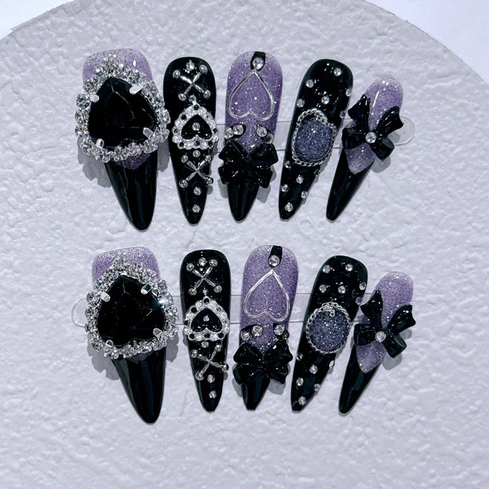 10Pcs Gothic Long Pointed Shape Pure Handmade Press On Nails Y2K Metal Chain Butterfly Knot Full Cover Fake Nails Gift Sticker