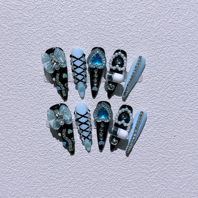 Long Stiletto Press on Fake Nails Blue Heart Diamond Bow Decoration False Nail Y2K Fashion Artificial Nail Handmade Acrylic Nail