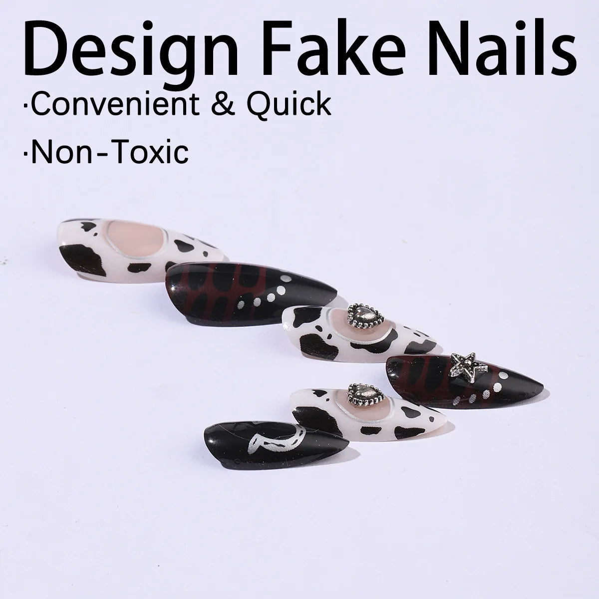 24pcs Gothic Punk Press on Nails Black White Cow Print Baroque Fake Nails for Women Girls Wearable French Almond False Nails