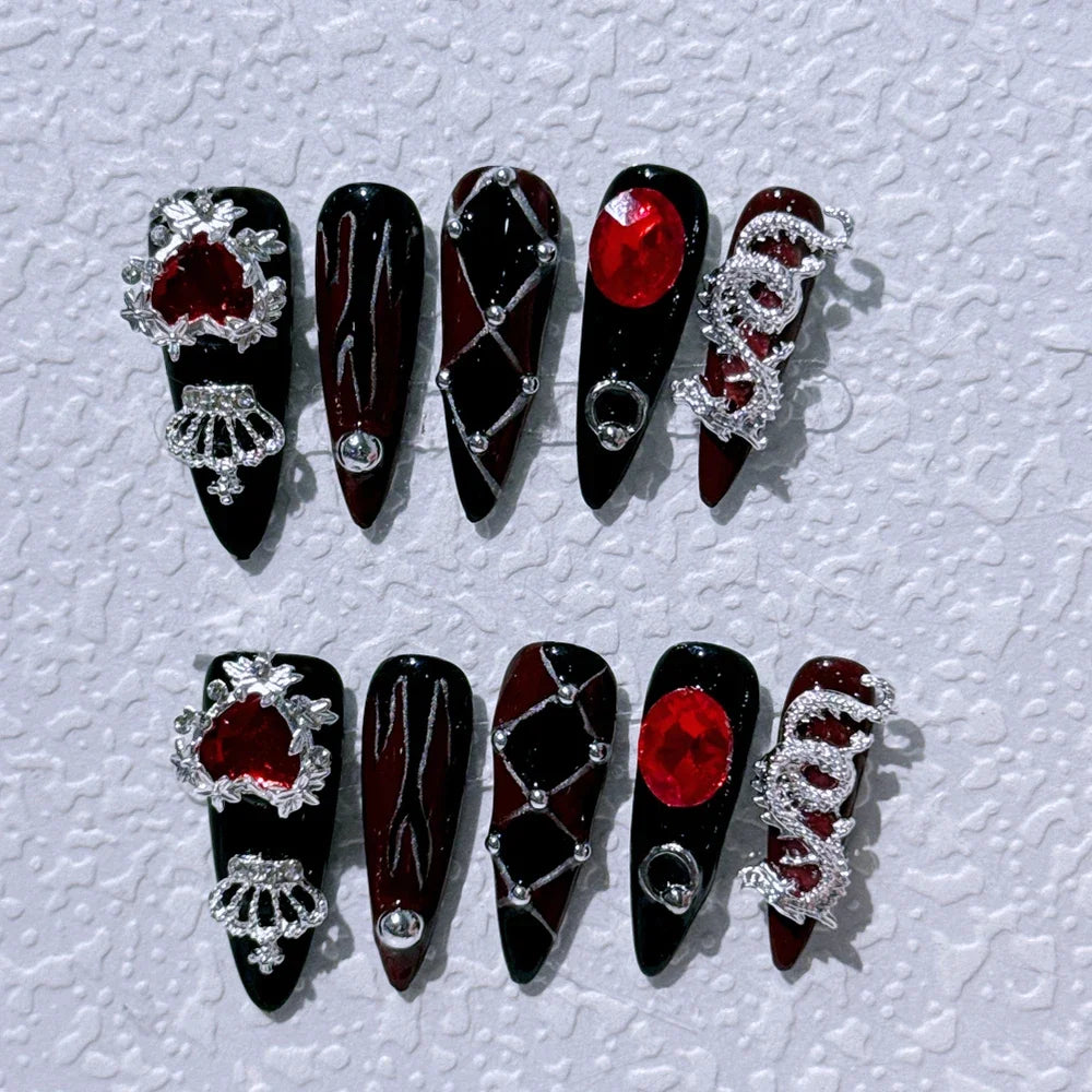 10Pcs Gothic Long Pointed Shape Pure Handmade Press On Nails Y2K Metal Chain Butterfly Knot Full Cover Fake Nails Gift Sticker