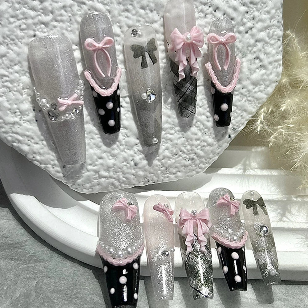 10PCS Y2K Black Pink French Handmade Press On Nails Cute Lace Ribbon Polka Dot Bow Long Nail Art Sweet Edgy Glitter Fake Nails
