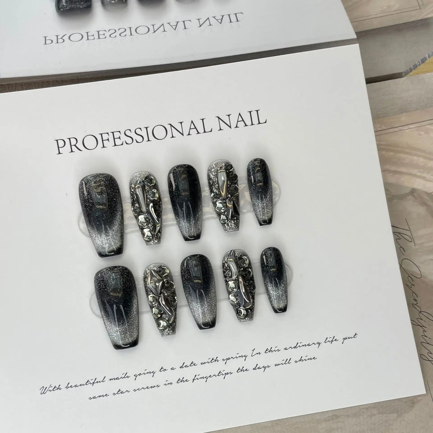 10Pcs Black Fake Handmade Nails with Rhinestone Y2K Cat's Eye French Full Cover Nail Art Tips Short Ballet Press on False Nails