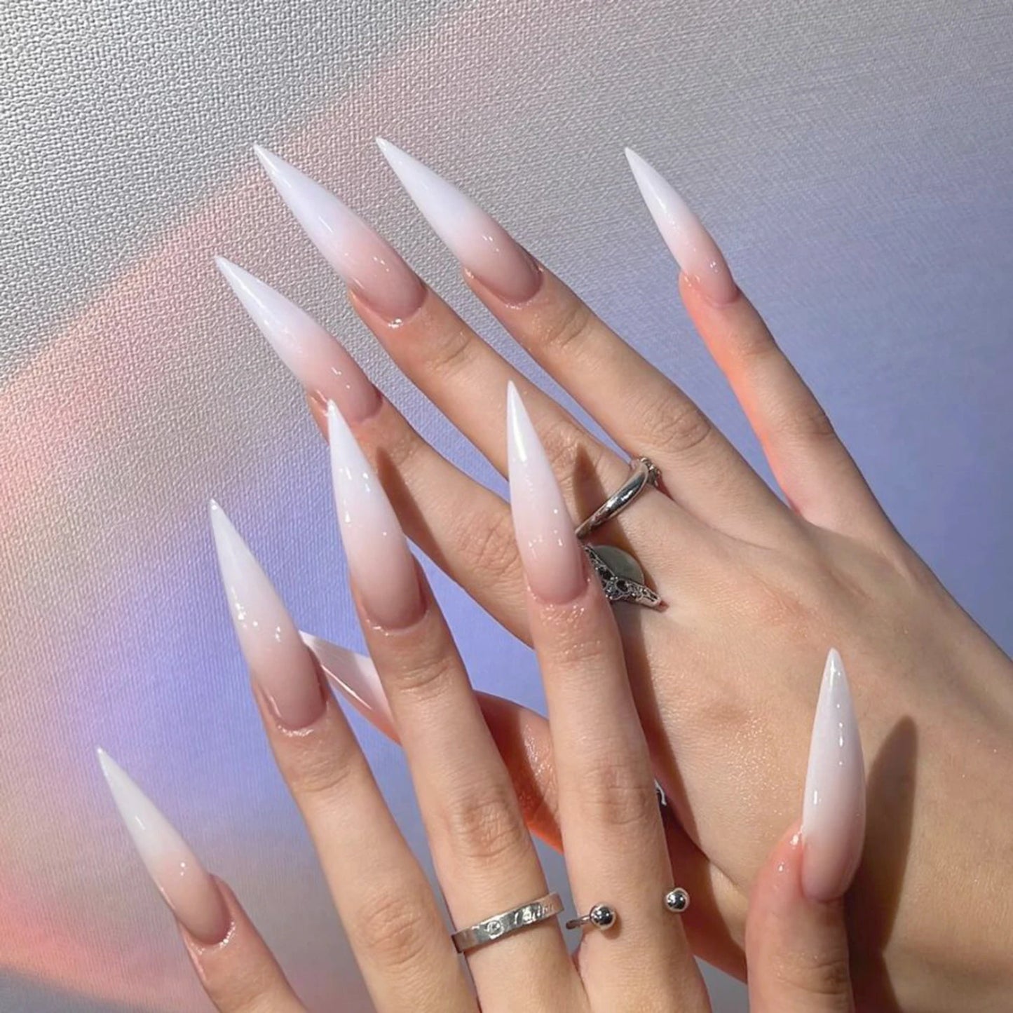 24pcs Punk Metal Fake Nails Press On Finished Long Pointed Silver Mirror y2k Nail Tips Full Cover Stiletto False Nails For Girl