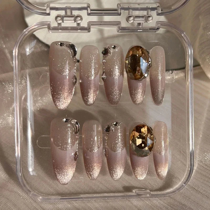 10Pcs Black Edge Glitter French Cat Eye Long Almond Fake Nails Glitter Diamond Design Handmade False Nails Press on Nail Tip Art