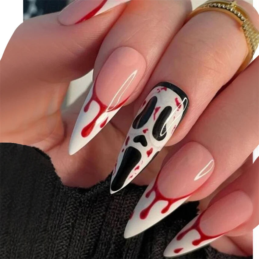 24Pcs/Set Dark Punk Skeleton Long Ballet Fake Nails Art Coffin Wearing Press on Nails False Artifical Acrylic Fake Nail Kits