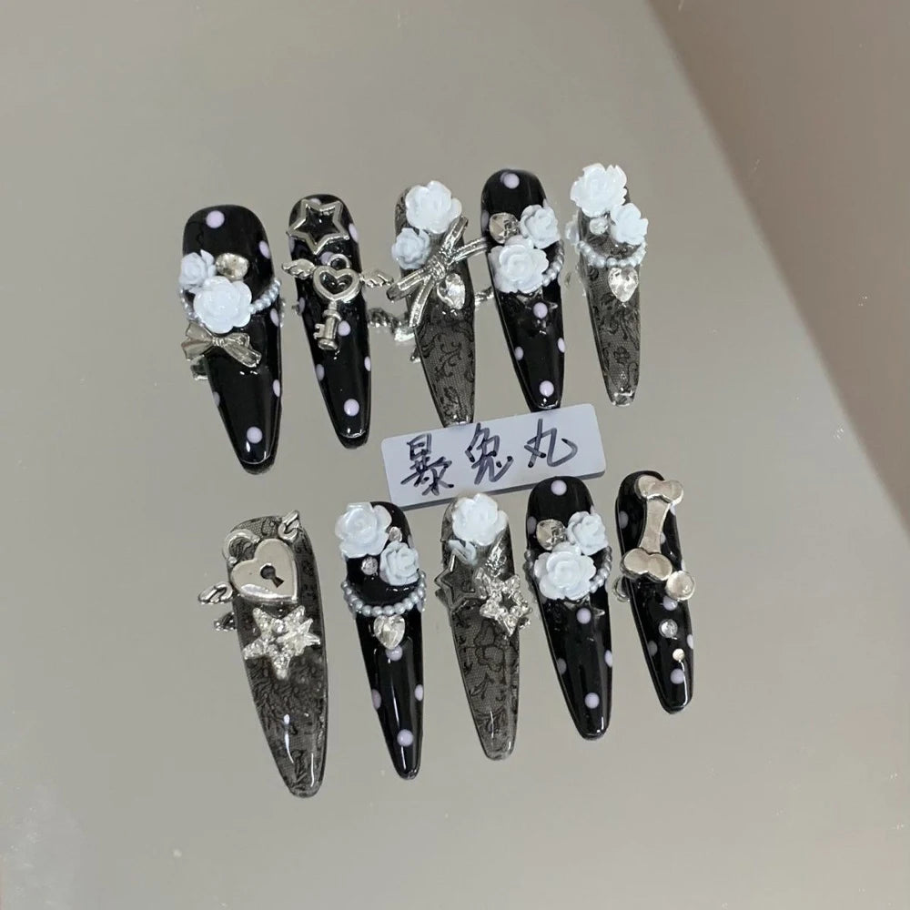 Y2K Punk Style Long Coffin Stiletto Handmade Fake Nails Spice Girls 3D Hello Kitty Flowers Heavy Metal Diamond Wearable Nails