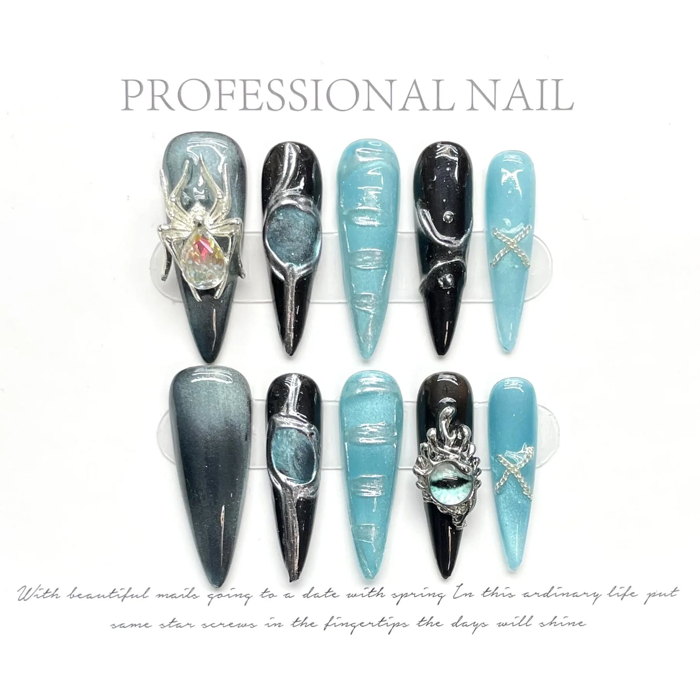 10pcs Y2k Long Stiletto False Nail Tips Gradient Black Metal Heart Cross Decor Handmade Press On Nails Sweet Cool DIY Manicure