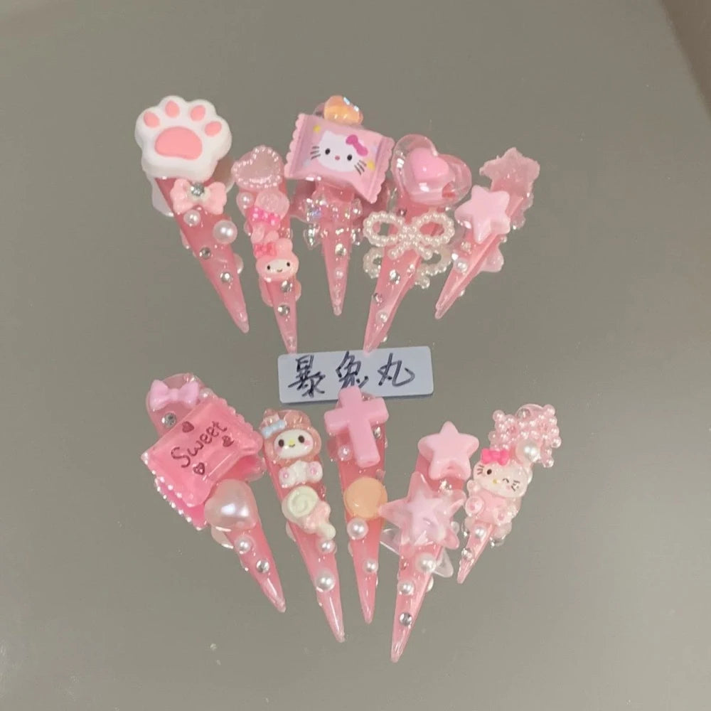 Y2K Punk Style Long Coffin Stiletto Handmade Fake Nails Spice Girls 3D Hello Kitty Flowers Heavy Metal Diamond Wearable Nails