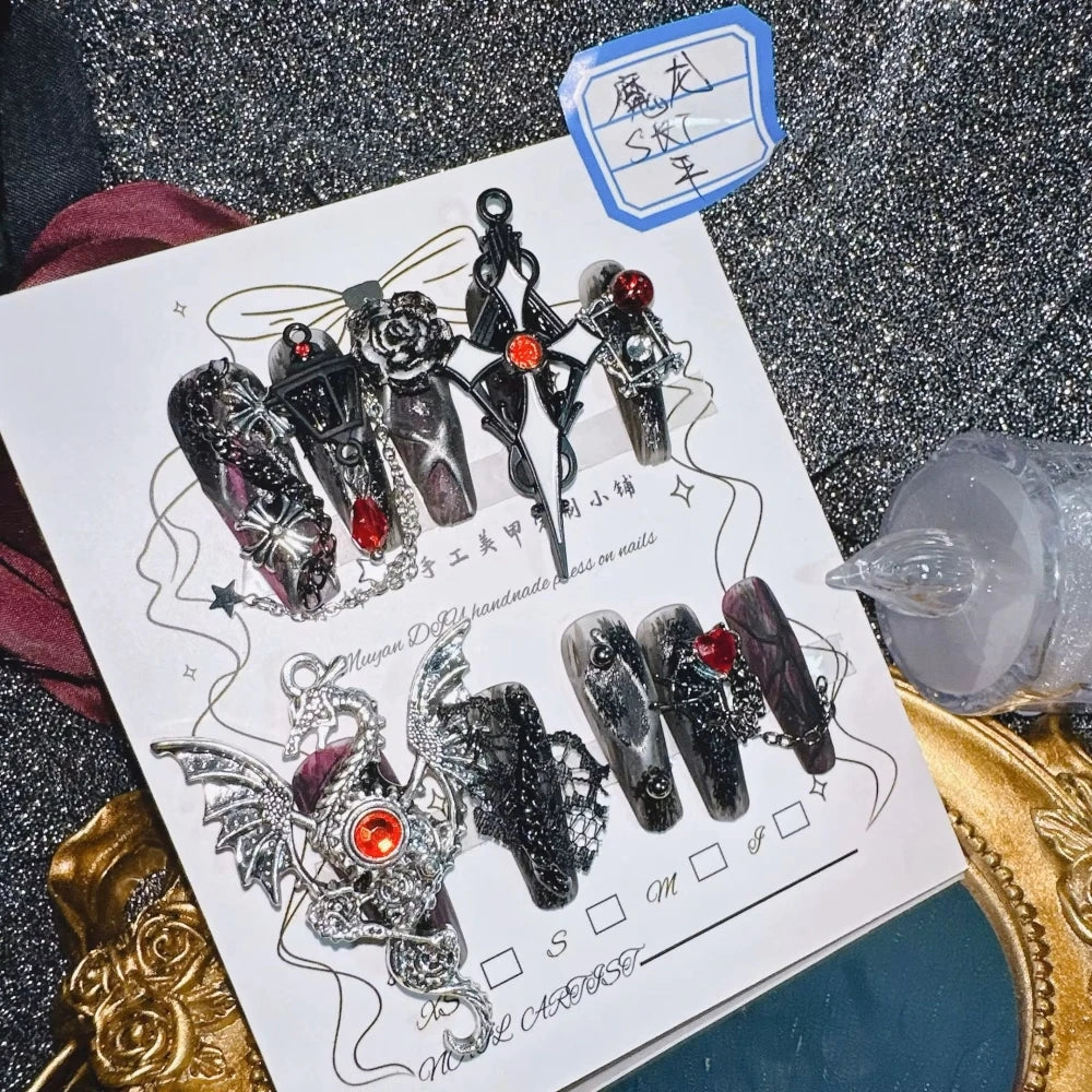 10Pcs High Quality Handmade Press on Nails Extra longue Dragon Magique Heavy Work Power Game Goth Noir Niche Hottie Personnalité