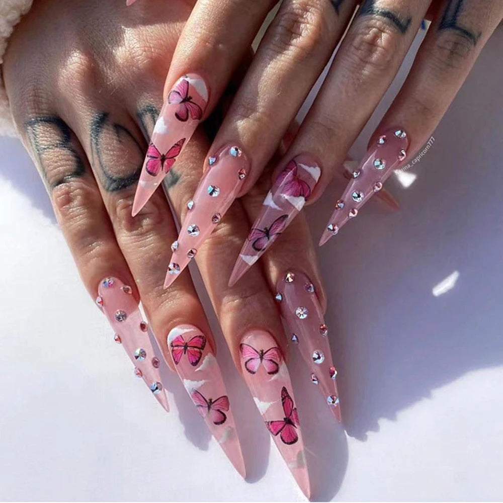 24pcs Red Black Gradient Gothic Fake Nails Press on Nails Long Almond Tree Stripes Designs Ins Punk Frosted False Nails Stiletto