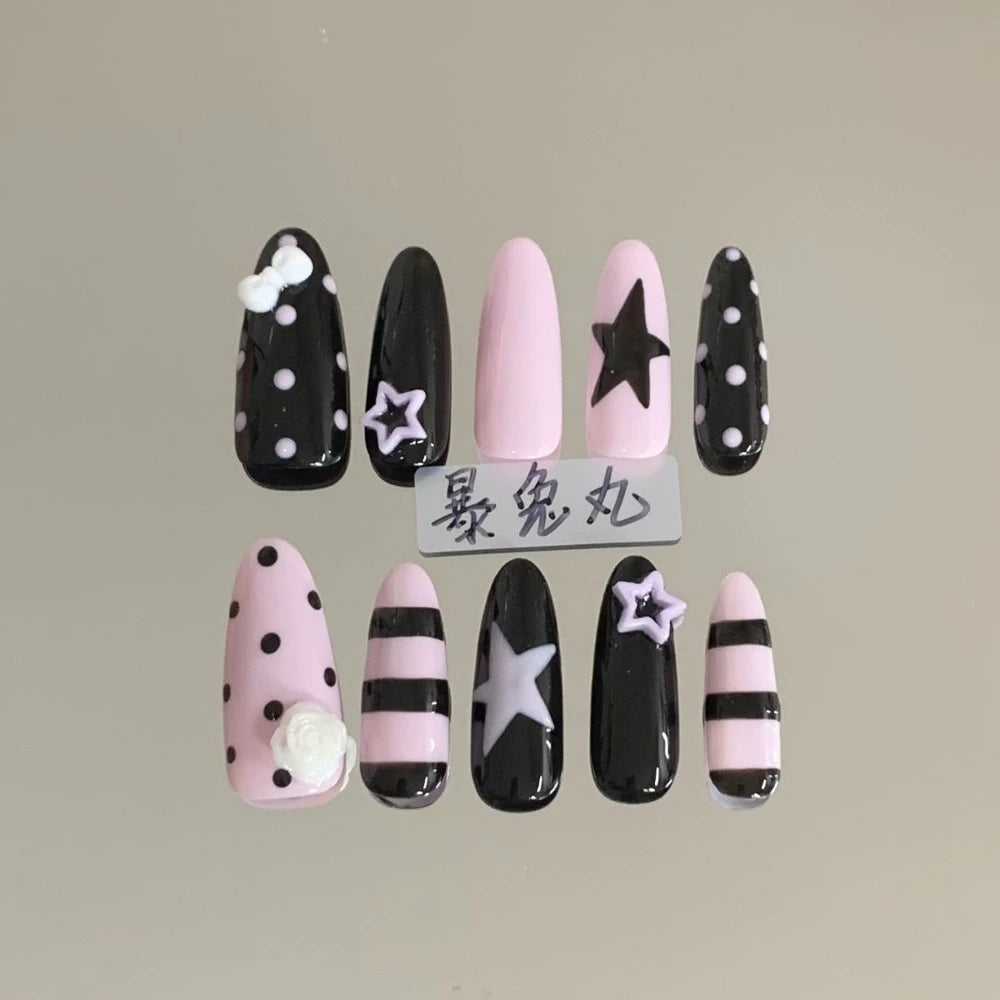 Y2K Punk Style Long Coffin Stiletto Handmade Fake Nails Spice Girls 3D Hello Kitty Flowers Heavy Metal Diamond Wearable Nails