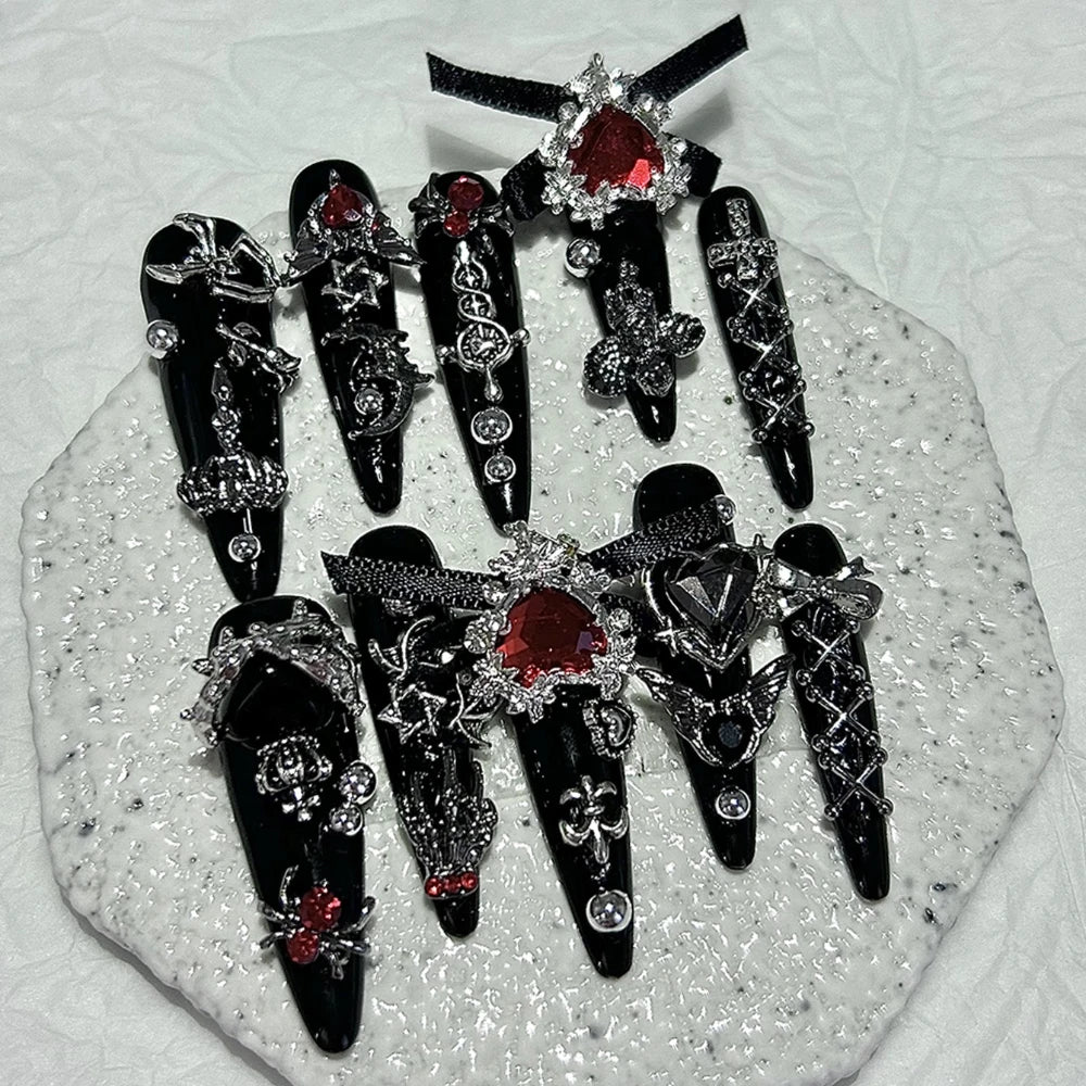 Menhera Y2K Spice Girls Black Red Long Tip Handmade Press On Nails Cross Spider Love Diamond Fake Nails Bow Cool Dark Nail Art