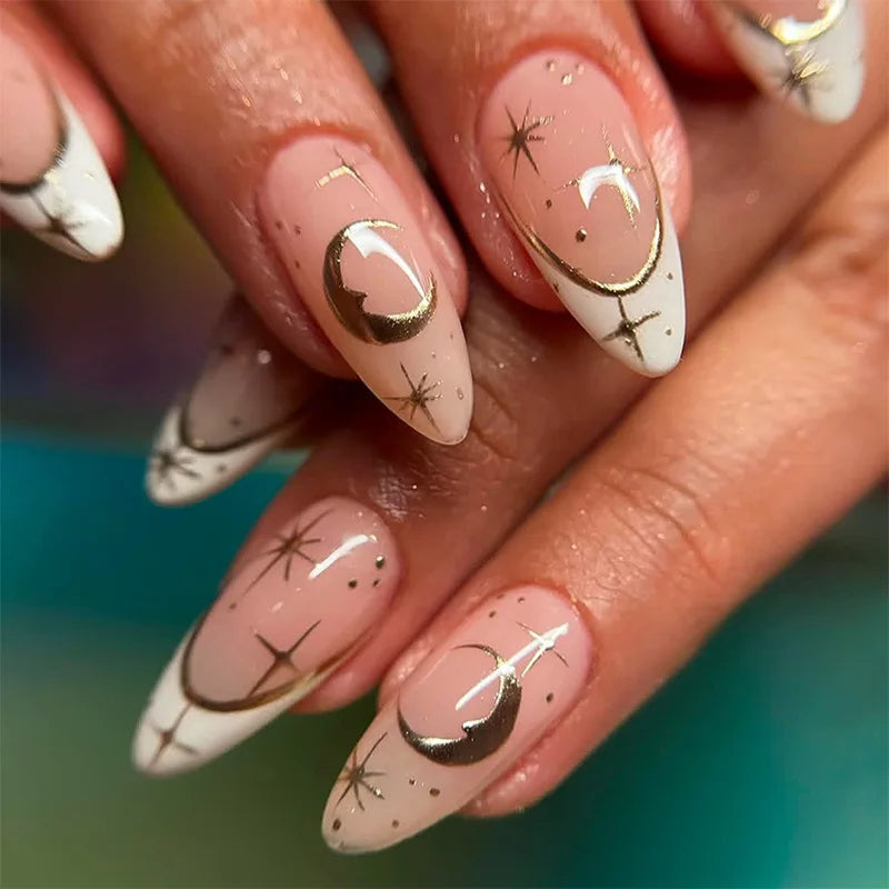 24pcs Gothic Punk Press on Nails Black White Cow Print Baroque Fake Nails for Women Girls Wearable French Almond False Nails