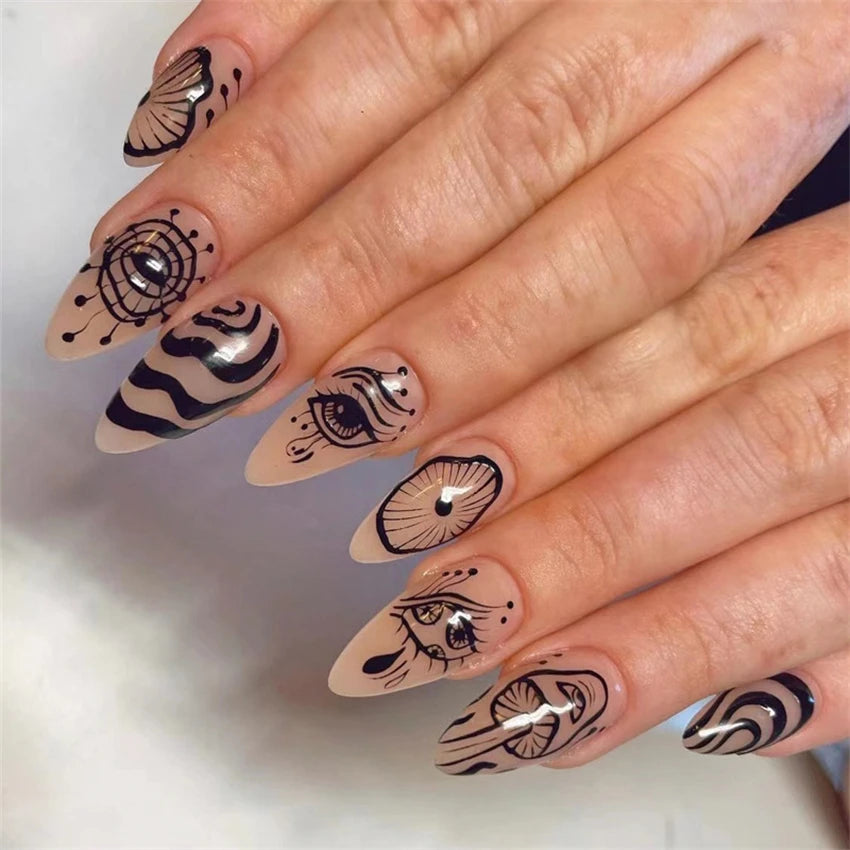24Pcs/Set Dark Punk Skeleton Long Ballet Fake Nails Art Coffin Wearing Press on Nails False Artifical Acrylic Fake Nail Kits