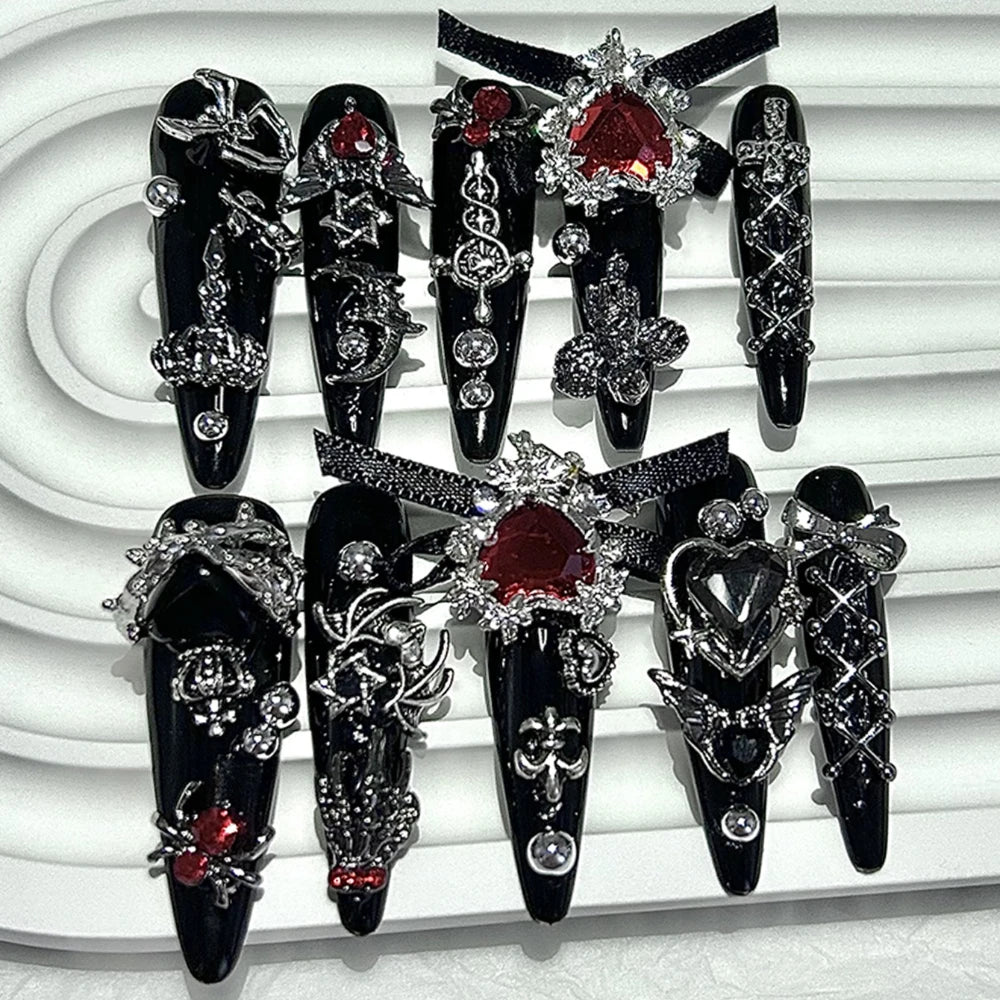 Menhera Y2K Spice Girls Black Red Long Tip Handmade Press On Nails Cross Spider Love Diamond Fake Nails Bow Cool Dark Nail Art