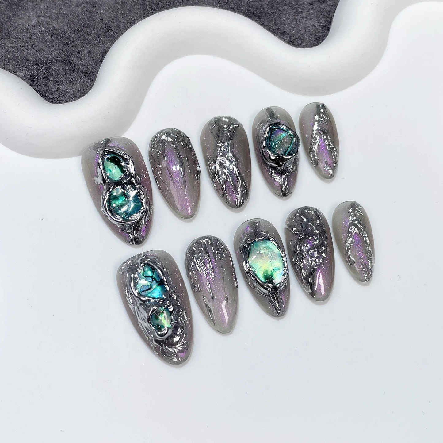 10Pcs Black Almond Handmade Press on Nails Butterfly Fake Nails Wearable Stick-on Nails Rose False Nail Uñas Postizas Uñas 네일팁