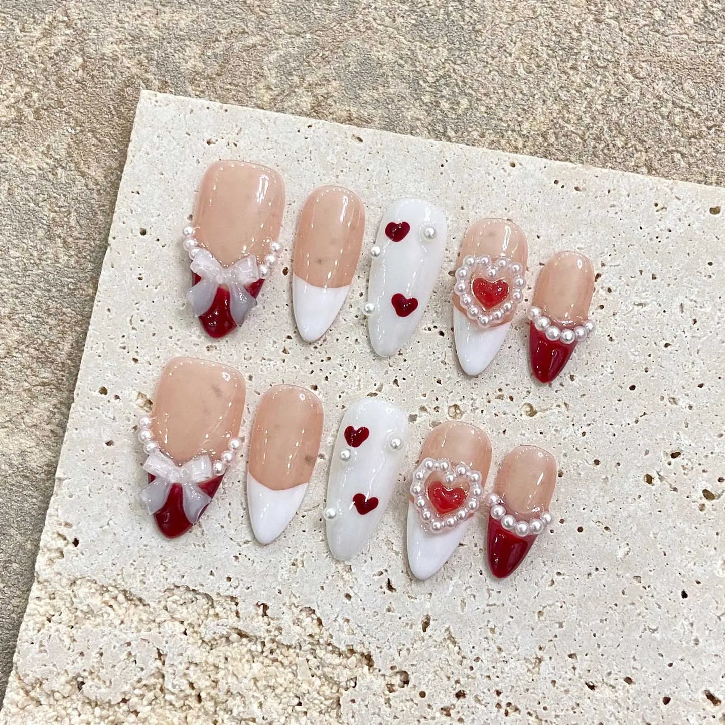 10pcs Handmade Pink Black Heart False Nails With 3D Bows Decor Y2k Press On Nails Long Ballerina Coffin Fake Nails For Hot Girl
