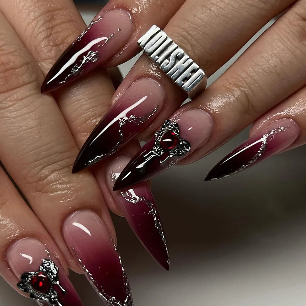 24pcs Long Almond Fake Nails Gothic Dark Black Style Press on Nails Full Cover Wearable European Heavy Metal False Nail Tips