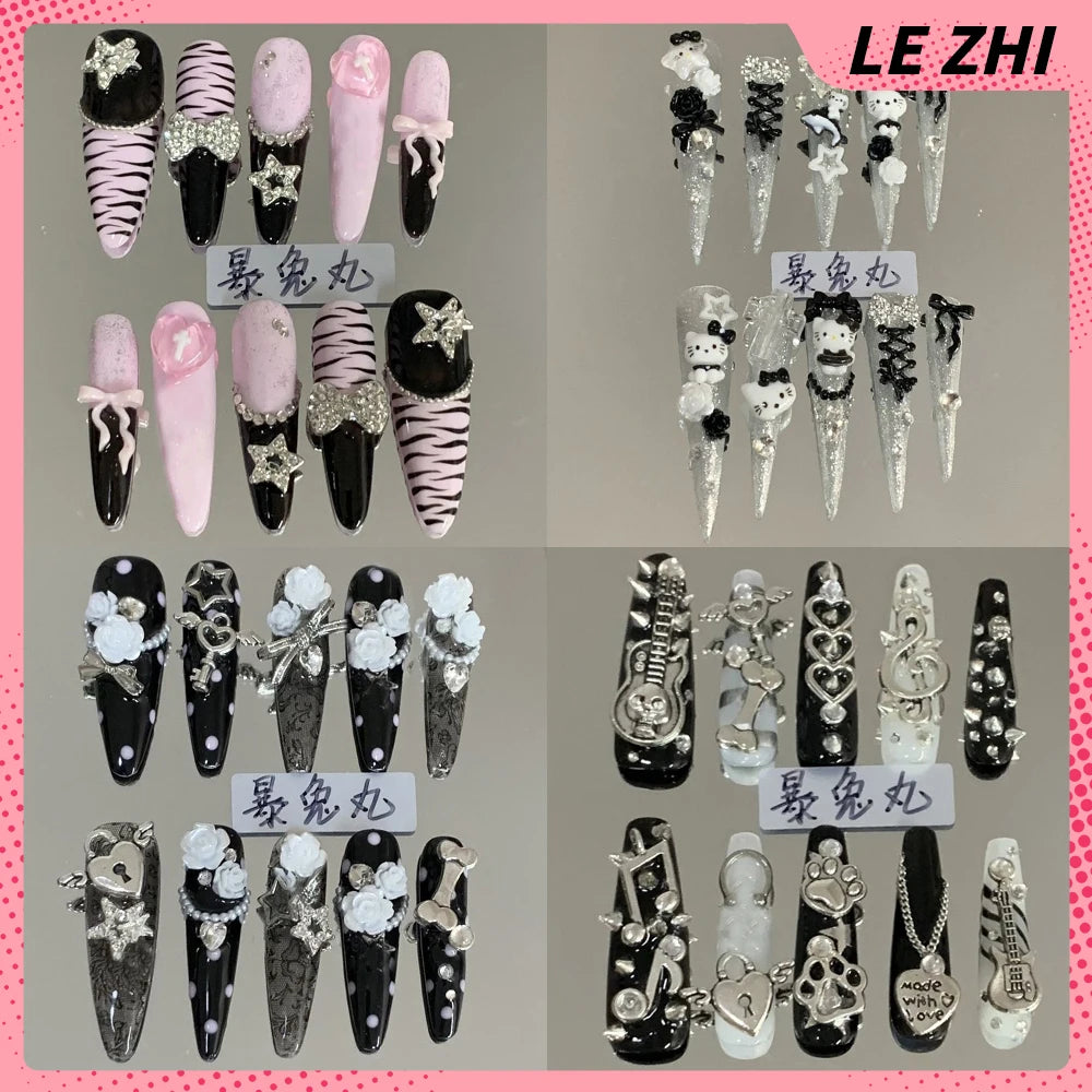 Y2K Punk Style Long Coffin Stiletto Handmade Fake Nails Spice Girls 3D Hello Kitty Flowers Heavy Metal Diamond Wearable Nails