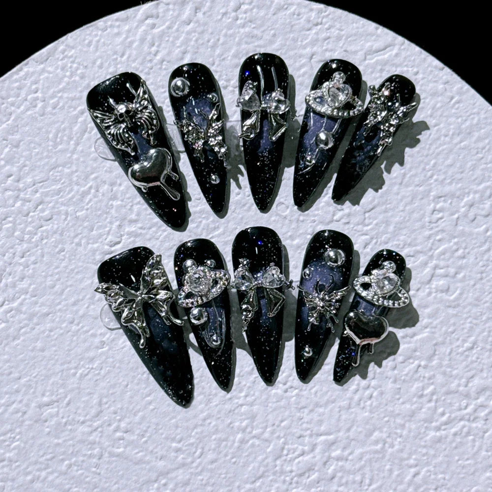 10Pcs Gothic Long Pointed Shape Pure Handmade Press On Nails Y2K Metal Chain Butterfly Knot Full Cover Fake Nails Gift Sticker