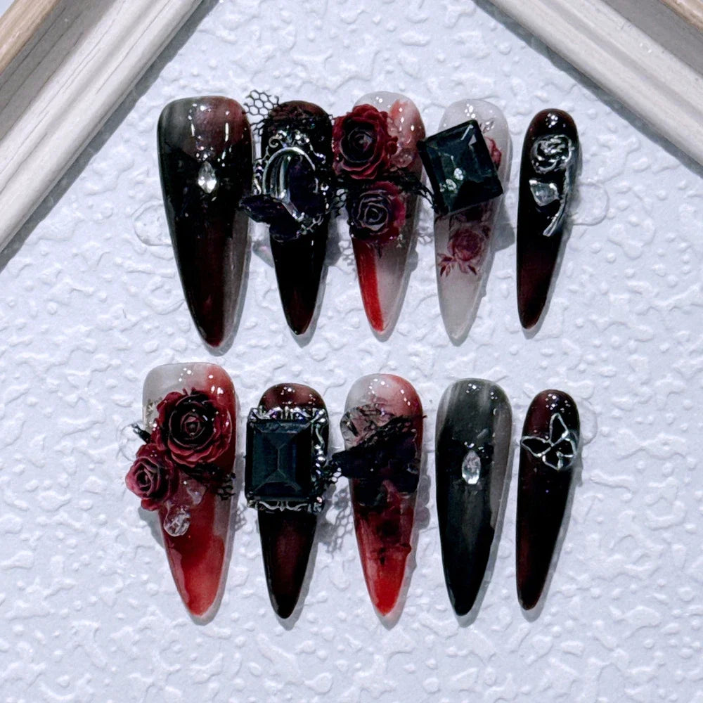 10Pcs Gothic Long Pointed Shape Pure Handmade Press On Nails Y2K Metal Chain Butterfly Knot Full Cover Fake Nails Gift Sticker
