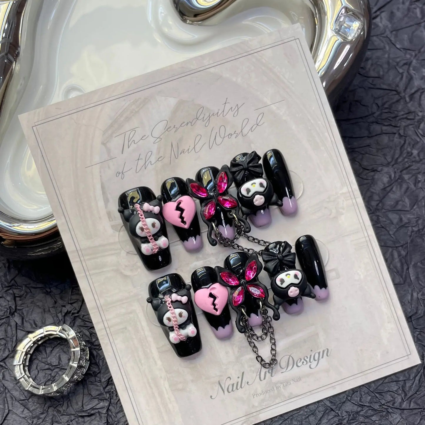 10pcs Y2k Handmade Press On Nails Purple French Style Black Mid-length T False Nails 3D Heart Cartoon Metal Chain Decor Manicure