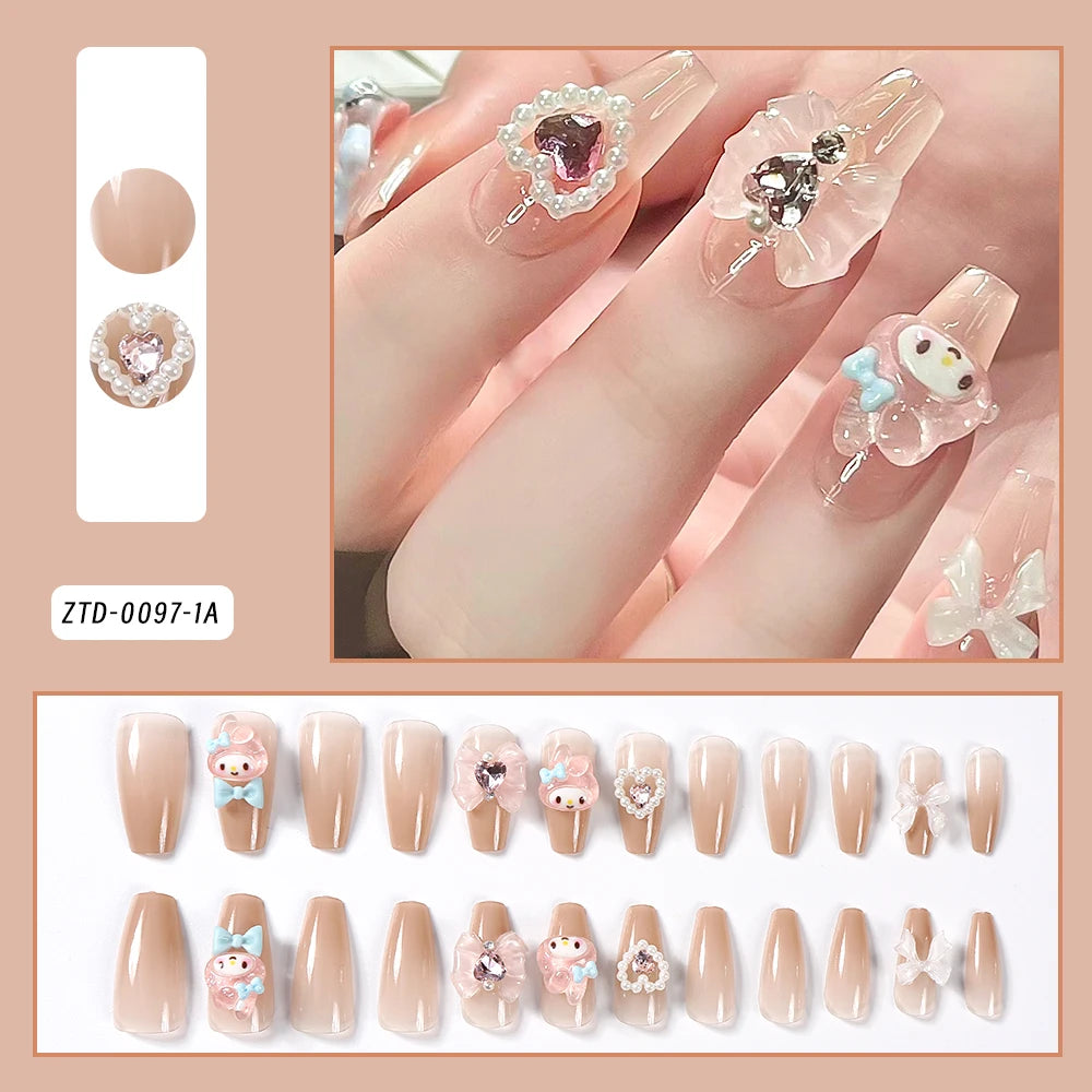 24Pcs 3D kuromi press on nails Y2K Cartoon Handmade Fake Nails Black Gel nail Wearable Nails Cinnamoroll Melody Anime False Nail