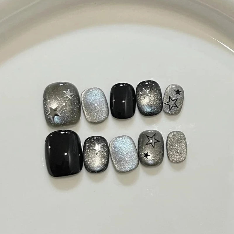 10Pcs Black Handmade Press on Nails Glitter Cat Eye with Star Design Short Full Cover Acrylic Fake Nails Tips for Women&Girls