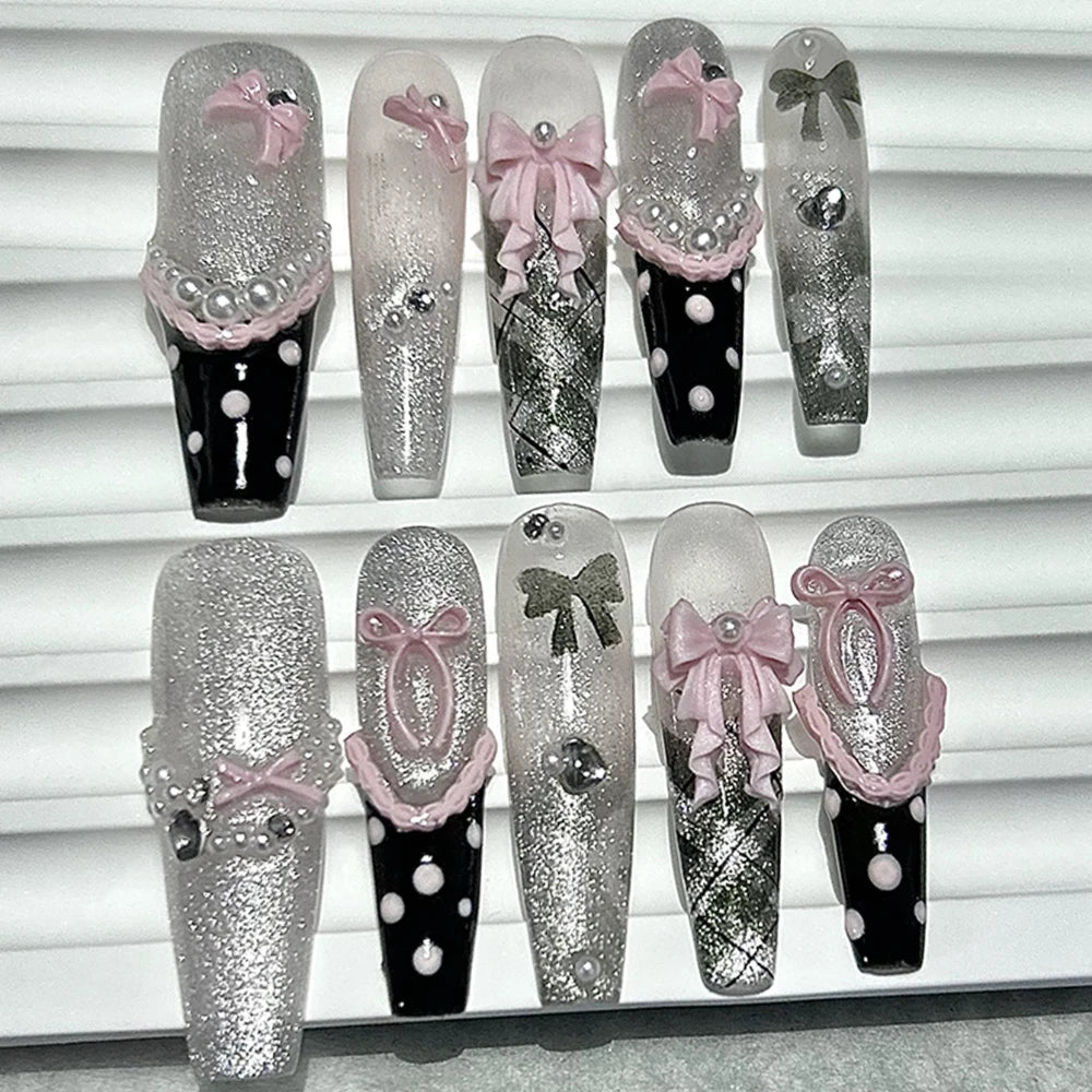 10PCS Y2K Black Pink French Handmade Press On Nails Cute Lace Ribbon Polka Dot Bow Long Nail Art Sweet Edgy Glitter Fake Nails