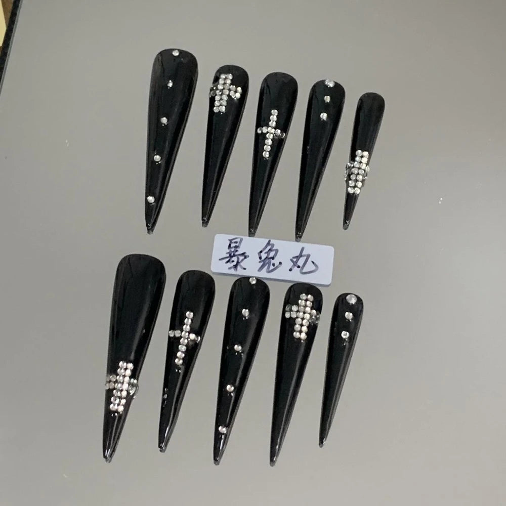 Y2K Punk Style Long Coffin Stiletto Handmade Fake Nails Spice Girls 3D Hello Kitty Flowers Heavy Metal Diamond Wearable Nails