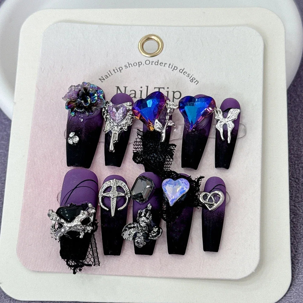 10Pcs Gothic Long Pointed Shape Pure Handmade Press On Nails Y2K Metal Chain Butterfly Knot Full Cover Fake Nails Gift Sticker
