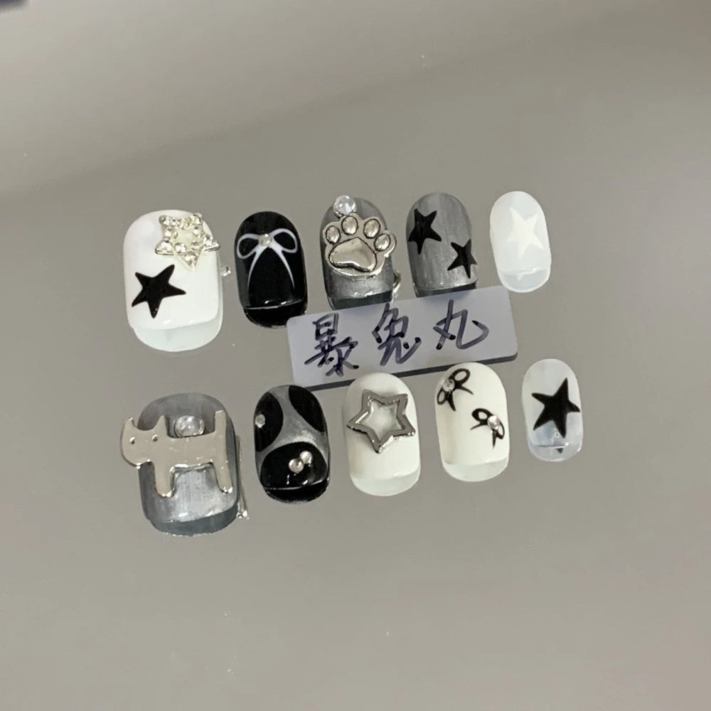 Y2K Punk Style Long Coffin Stiletto Handmade Fake Nails Spice Girls 3D Hello Kitty Flowers Heavy Metal Diamond Wearable Nails