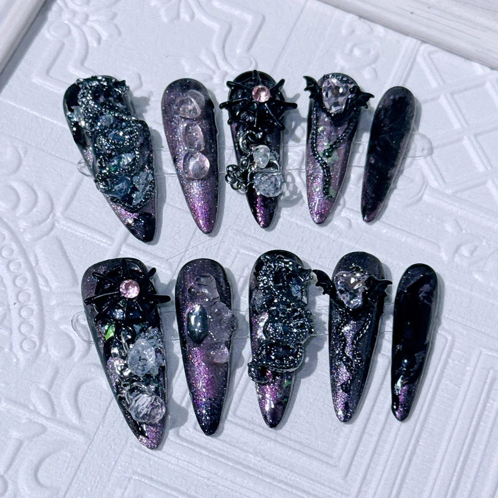 10Pcs Gothic Long Pointed Shape Pure Handmade Press On Nails Y2K Metal Chain Butterfly Knot Full Cover Fake Nails Gift Sticker