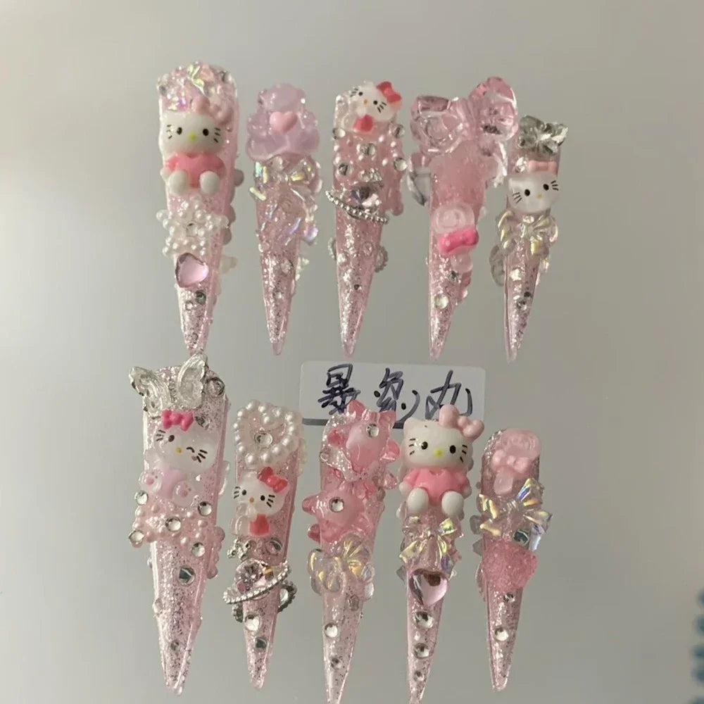 3D Punk Metal Gothic Press On Nail Art Hello Kitty Stiletto Black White Simple Camellia Design Rhinestone Nails Sticker Girls