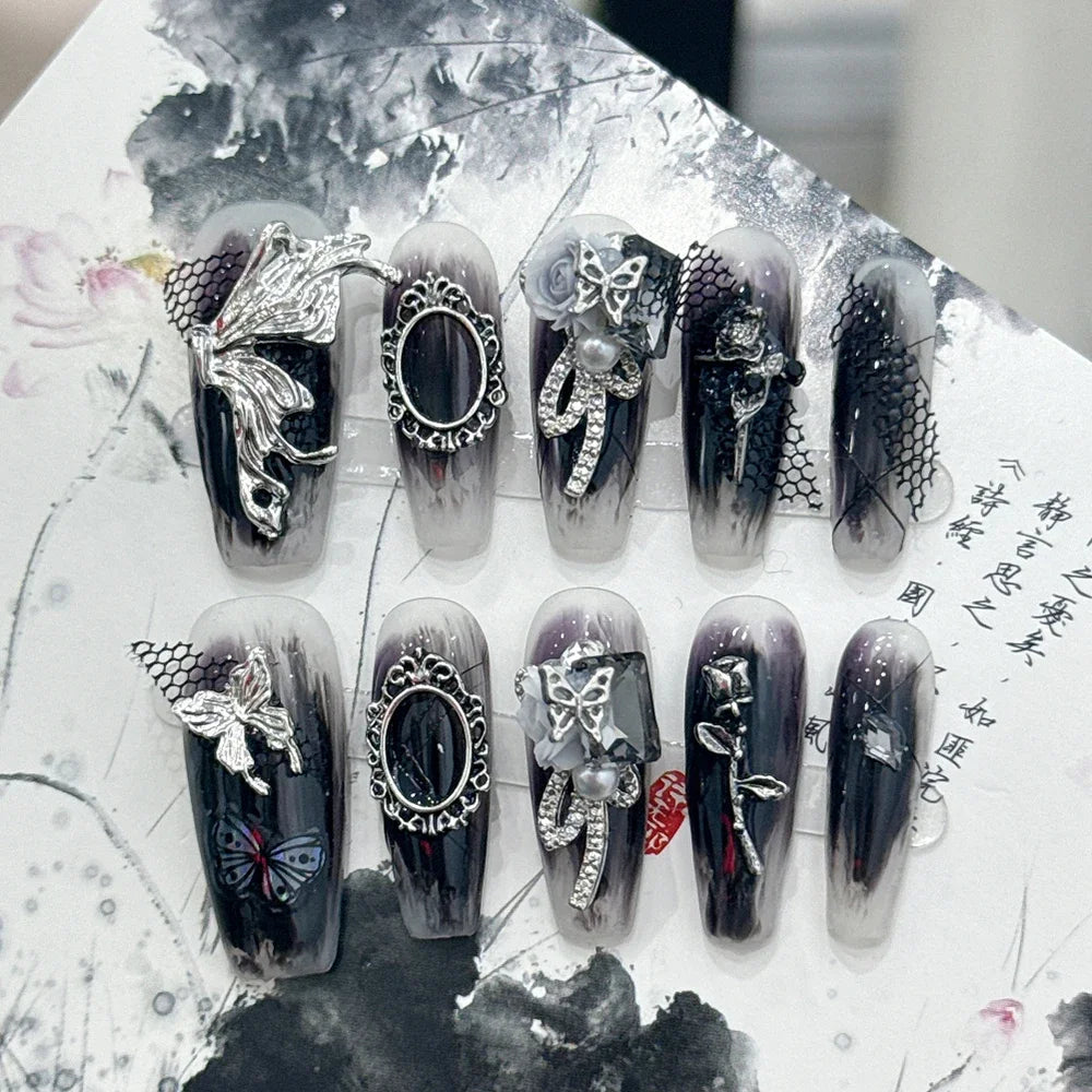 10Pcs Gothic Long Pointed Shape Pure Handmade Press On Nails Y2K Metal Chain Butterfly Knot Full Cover Fake Nails Gift Sticker