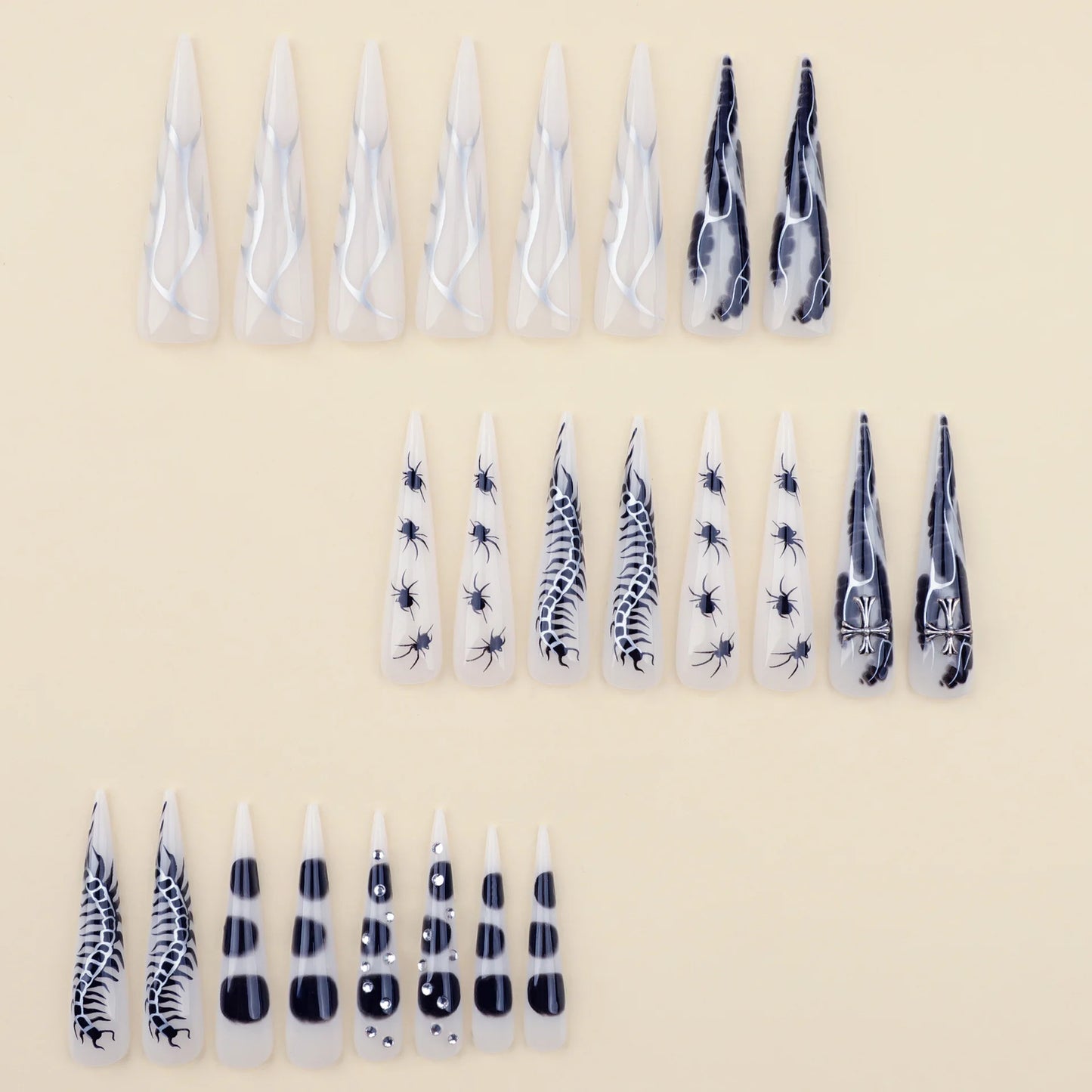 24pcs Spicy Girl Press on Nails Y2k Sliver Flame Black Spider Long Pointed False Nails European Crocodile Pattern Fake Nail Tips