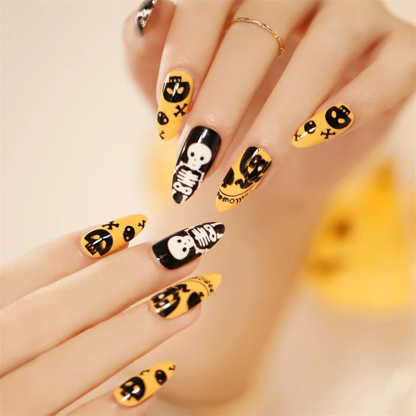 24Pcs/Set Dark Punk Skeleton Long Ballet Fake Nails Art Coffin Wearing Press on Nails False Artifical Acrylic Fake Nail Kits