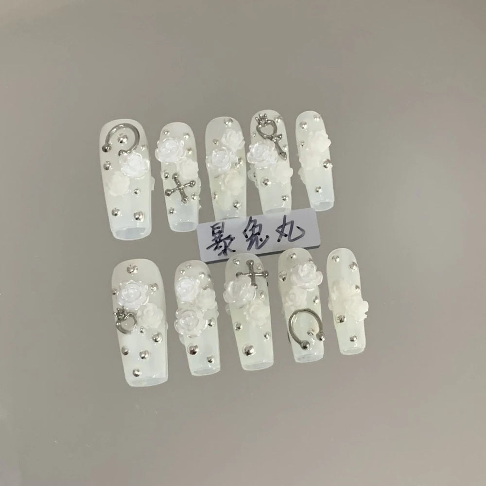 Y2K Punk Style Long Coffin Stiletto Handmade Fake Nails Spice Girls 3D Hello Kitty Flowers Heavy Metal Diamond Wearable Nails